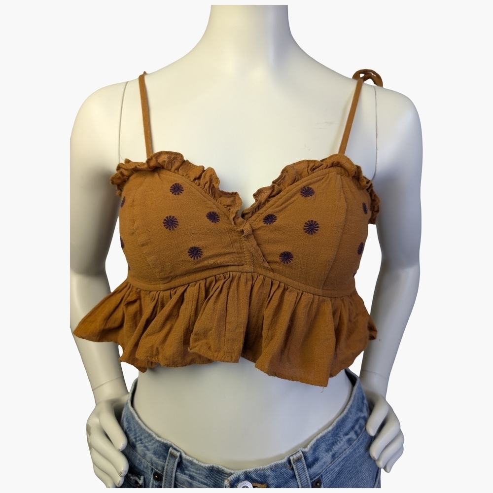 Free People Intimately Ruffle Bralette Boho Top Embroidered Flowers | Size XS